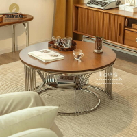 茶桌 北歐日式客廳家用不銹鋼圓形實木茶幾折疊子母中古小茶臺