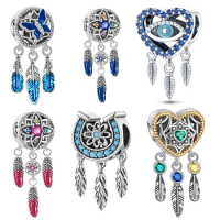 925 Sterling Silver Feather Dreamcatcher Tassel Charms Beads Fit Original Pandora Bracelet Bangle Fashion DIY Jewelry makinggift