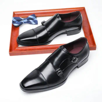 Mens Dress Shoes Genuine Leather Double Buckle Monk Strap Men Shoes Snake Print Cap Toe Classic Italian Shoes