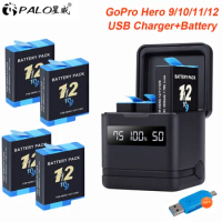 PALO 2000mAh For GoPro Hero 12 11 10 Battery +LCD 3-Slots USB Charger For GoPro Hero 9 10 hero 11 hero 12 Action Sports Camera