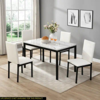 Dining 5pc Set White Faux Marble Top Table and 4x Side Chais Metal Frame Black Casual Dining Furniture