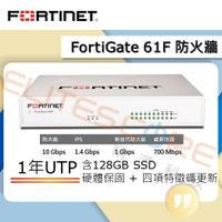 Fortinet FortiGate FG-61F 防火牆 1年 UTM/UTP特徵碼更新 (含128GB SSD)