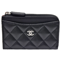 CHANEL香奈兒 經典銀色雙C LOGO菱格粒紋牛皮L型拉鍊卡夾/零錢包(黑色)