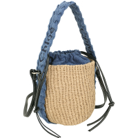 CHLOE Woody  牛仔帆布編織帶手提/斜背草編束口水桶包(藍色)