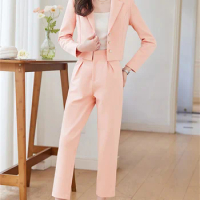 Yitimuceng Fashion Formal Pant Suits for Women Fall Winter 2023 New Office Ladies Solid Long Sleeve Crop Blazer 2 Piece Set