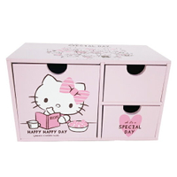 小禮堂 Hello Kitty 橫式木質三抽收納盒 抽屜盒 文具盒 桌上型收納盒 (粉 看書)