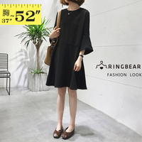 黑色洋裝--日系素面氣質圓領顯瘦荷葉袖傘狀裙襬五分袖洋裝(黑XL-5L)-D466眼圈熊中大尺碼