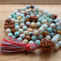 Amazonite and Rudraksha Knotted Necklace 108 Mala Beads Necklace Tassel Necklaces Prayer Necklaces Yoga Mala meditation Beads