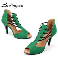 Ladingwu Autumn and winter dance boots Woman's Latin Dance Shoes Green Flannel Soft Bottom Ballroom Shoes Dance Salsa Shoes
