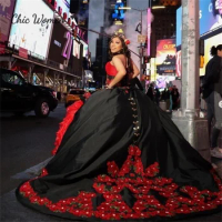 Mexican Black With Red Quinceanera Dress 2023 Off Shoulders Ball Gowns Beaded Tiered Ruffle 15 Birthday Party Dress Prom Dance