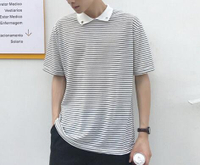 FINDSENSE MD 韓國 時尚潮 男 創意 特色 條紋 拼色鐵環裝飾 短袖POLO衫 短袖T恤 特色短T