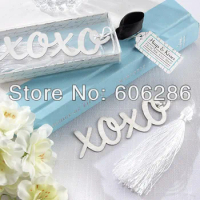 100pcs/lot Creative stainless steel bookmarks "Hugs &amp; Kisses" with tassel and gift box for wedding party door giveaways supplies