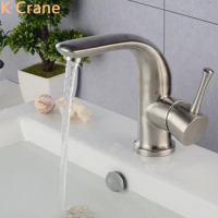 SUS304 Stainless Steel Faucet Bathroom Single Hole Deck Mounted Tap Hot Cold Water Mixer Torneiras Basin Sink Single Handle Taps