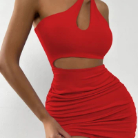 Sexy One Shoulder Hollow Out Mini Dress Sleeveless Backless Women Party Nightclub Bodycon Outfit Two Piece Set