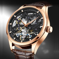 AILANG Watches Classic Rose Gold Case Male Skeleton Clocks Automatic Mechanical Brown Leather Hollow Watch Relogio