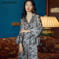 SXTHAENOO French Spring Women's Silk Pajama Suit 2 Pcs with Long Sleeve Pants Printing Laides Sleepwear Pyjama for Female 2024