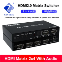 4K@60Hz HDMI Matrix 2x4 HDMI Matrix Switch 2 In 4 Out HDMI Splitter Switcher With Audio Extractor for 4 Screen Monitor Display