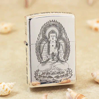 Genuine Zippo oil lighter Pure Silver Buddha copper windproof cigarette Kerosene lighters Gift with anti-counterfeiting code