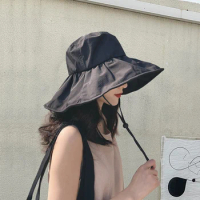 Women's UV Japanese Black Glue Bucket Hat Summer Sun Hat Fisherman Sun Hat UV Protection Wide-brimmed SunscreenHat Cotton Hat