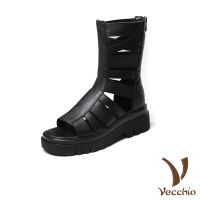 預購 Vecchio 真皮涼鞋 厚底涼鞋/真皮頭層牛皮復古露趾厚底羅馬涼鞋 涼靴(黑)