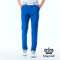 【KING GOLF】實體同步款-男款腰部線條印花素面百搭修身彈性休閒長褲/高爾夫球長褲(藍色)