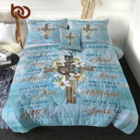 BeddingOutlet Wooden Cross Lilies Bedding Set Light Blue Background Butterfly Pattern Comforter Pilow Shams With Cushion Cover