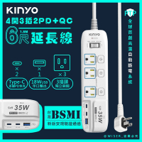 KINYO 35W氮化鎵3U電源分接器4開3插6呎電源線1.8M延長線 GIPD-353436 智慧快充2PD+QC3.0