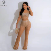 VAZN 2023 New Arrival Diamonds Young Sexy Club See Through Lace Turtleneck Full Sleeve + Long Boot Cut Pants Lady Two Piece Set