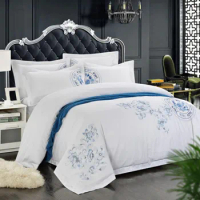 100% Cotton White Embroidered Bedding sets 4/6Pieces White Hotel Bedsheet set Duvet cover Pillow shams Double King Queen size