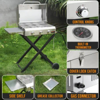 BBQ Gas Grill 3-Burner With Foldable Cart &amp; Side Table Portable Stove for Camping Equipment Stainless Steel GS308 Barbecue Stand