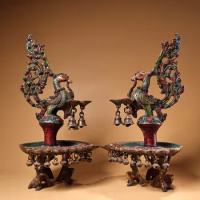 16"Tibetan Temple Old Bronze Outline in gold Gem Turquoise Painted Phoenix Buddha Bell Oil lamp Candlestick A pair Worship Hall