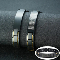 Vinterly Black ID Bracelet Men Stainless Steel Magnetic Bracelet Mens Cross Health Benefits Engraved Bracelet