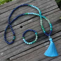 8mm Lapis Lazuli And Aventurine JaPaMala Beads Necklace, Blue Nacklace, 108 Bead Mala, Mala Jewelry, Yoga Class Prayer Jewelry