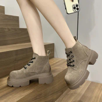 Riding Boots Flat Heel Lace Up Women's Low Shoes Round Toe Boots-Women Med Ankle Rubber Summer Rock Ladies 2024 Lolita Solid Cro