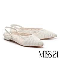 (季末換季出清)涼鞋 MISS 22慵懶手工風編織造型尖頭粗跟涼鞋－白