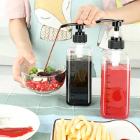1000ml Hand Pressed Sugar Bottle Liquid Dispenser With Scale Coffee Syrup Bee Drip Bottles With Pump Nozzle Head Jarcontainer