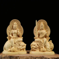 Zodiac Buddha Statue, Wenshu Puxian Bodhisattva Buxus Kuan Yin Wood Carving Buddha Statue, Meditation Buddha Statue