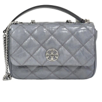 【TORY BURCH】TB WILLA 銀LOGO菱格翻蓋肩背/斜背二用包(藍灰色/贈原廠防塵袋紙袋)