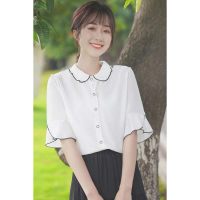 French-style chic doll collar white shirt for women, short-sleeved, new elegant chiffon top with ruf