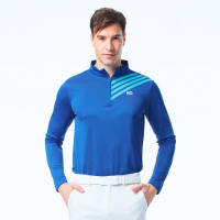 【KING GOLF】男款薄款立領拉鍊線條幾何圖形長袖款式POLO衫/高爾夫球衫(藍色)