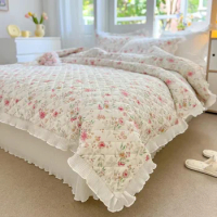 100%Cotton Premium Quality Soft Duvet Cover Bedspread Coverlet Pillow shams Diamond Quilted Floral Ruffled Comforter Cover set