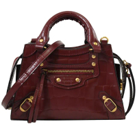 【Balenciaga 巴黎世家】Neo Classic Mini 經典鉚釘流蘇鱷魚紋手提兩用包機車包(深紅)