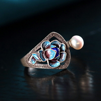 景泰藍戒指女款鍍S925銀復古中式時尚氣質牡丹花燒藍珍珠開口指環