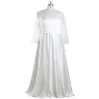 Evening Dresses Shiny Satin White V-neck Full Sleeves Zipper Back Pleat A-line Floor Length Plus size Women Party Dress DR1572