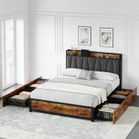 Storage Headboard with Charging Station Full Queen Size Bed Frame Platform with 4 Storage Drawers Upholstered Headboard