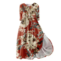 Women's Fashion Casual Printed Lapel Collar Button 3/4 Sleeve Clothing Straps Dress Party Dress Summer Dress Women Floral