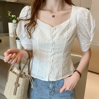 方領泡泡袖女裝夏裝法式收腰短款襯衣棉麻白襯衫短袖鏤空蕾絲上衣