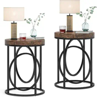 Modern Round End Table Set of Two with Thick Wood Top, 20”Sofa Side Coffee Table with Unique Black O-Shaped Base for Living Room