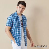 【NAUTICA】男裝 海洋風格紋透氣短袖襯衫(深藍色)