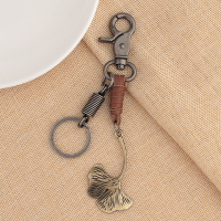 森系銀杏葉牛皮鑰匙扣簡約手工真皮學生包包鑰匙圈白果葉掛件飾品